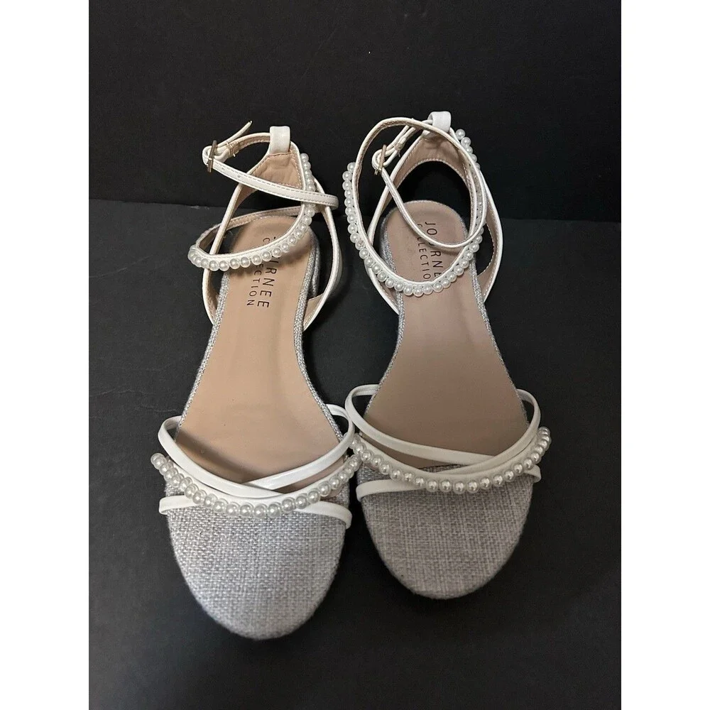 Journey Collection Tulsi Women’s 7 1/2 Pearl Ankle Strap Block Heel Sandals